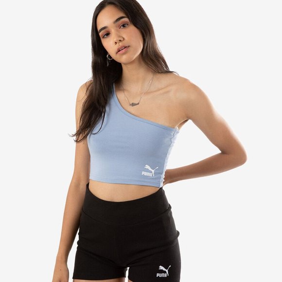 NWT PUMA WOMEN Classics Asymmetric Bandeau Crop Top in forever Blue Athleisure - Picture 13 of 14